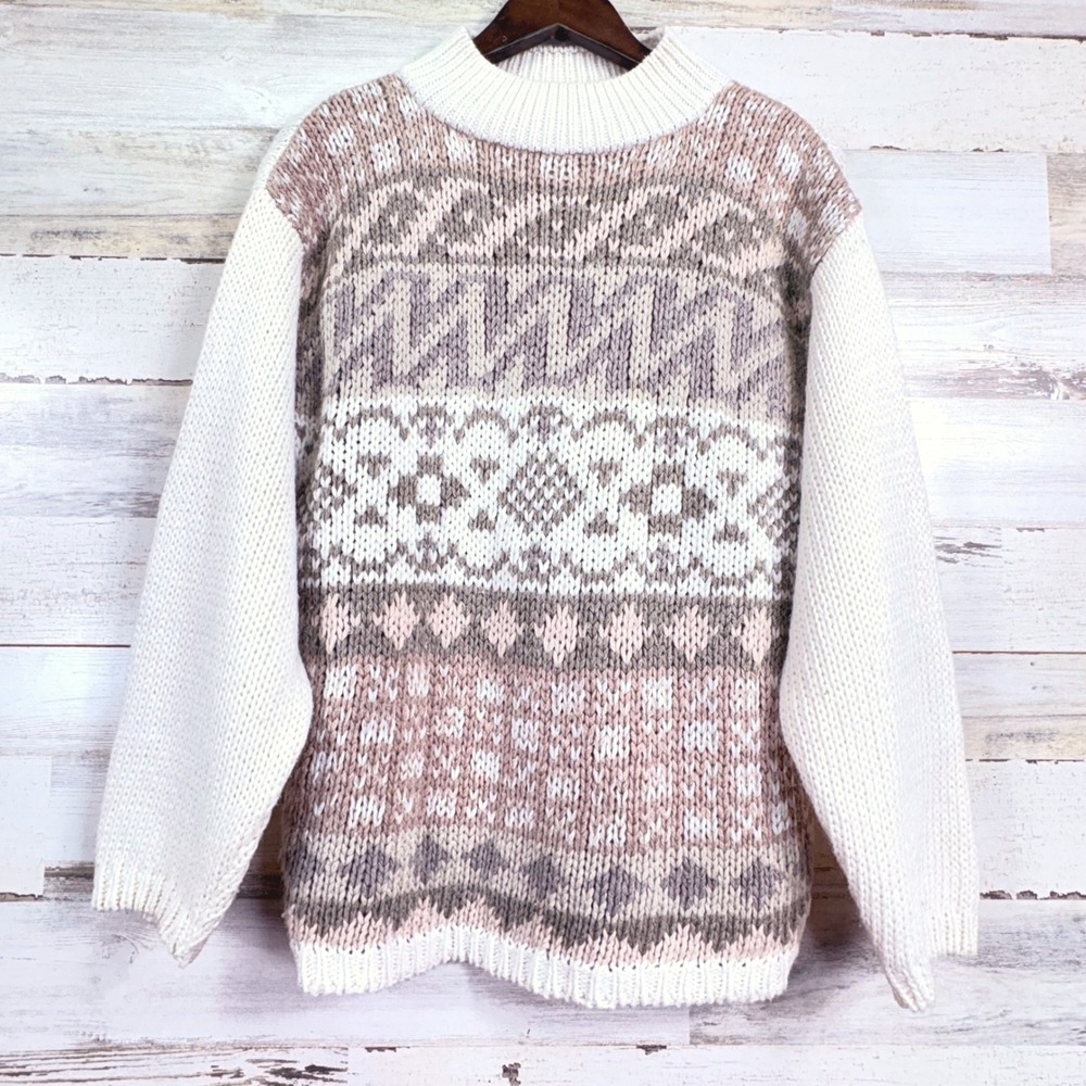 Shenanigans Vintage Womens Mock Neck Fair Isle Hand Knit Sweater Cream Tan L